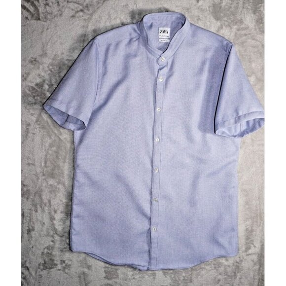 Zara Shirt Mens L Relaxed Fit Casual Button Up Mock Neck Rolled Short Sleeve - Picture 2 of 11